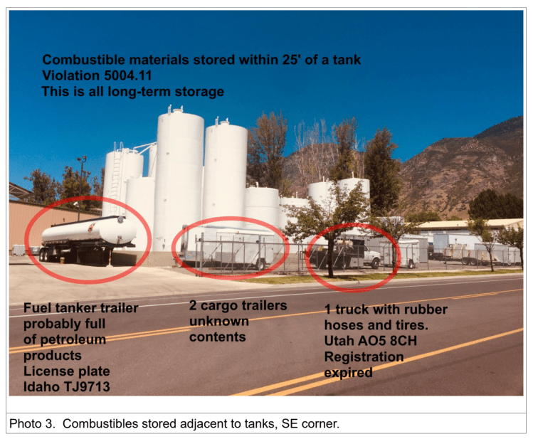 Christensen Oil stores combustibles stores adjacent to tanks in Provo Utah
